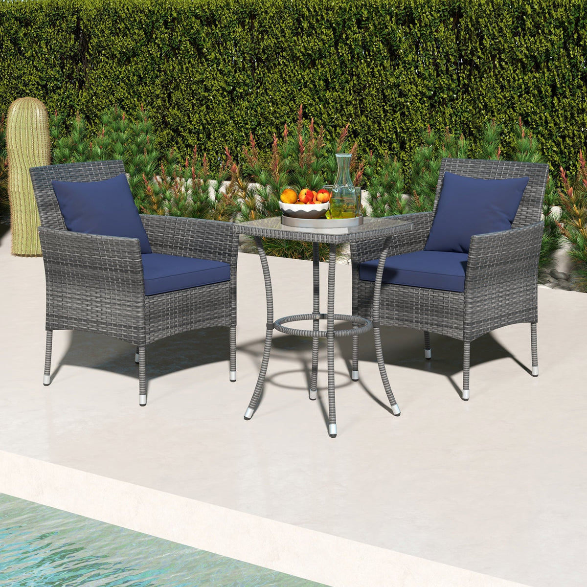 3 Pieces Patio Set with Cushioned Chairs and Glass Coffee Table