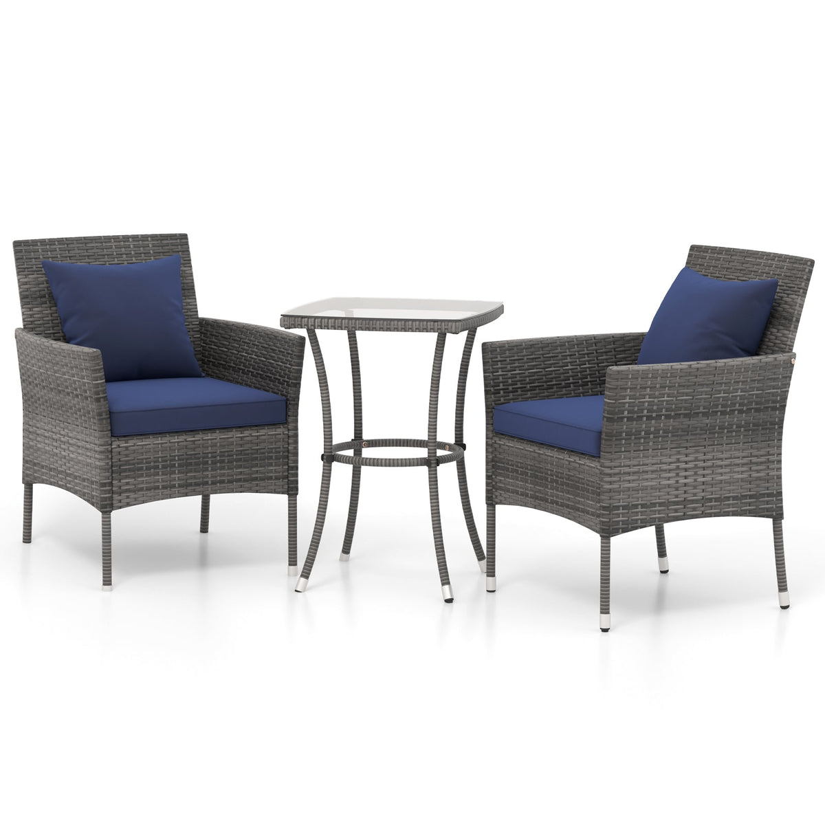 3 Pieces Patio Set with Cushioned Chairs and Glass Coffee Table