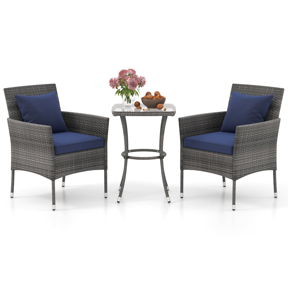 3 Pieces Patio Set with Cushioned Chairs and Glass Coffee Table