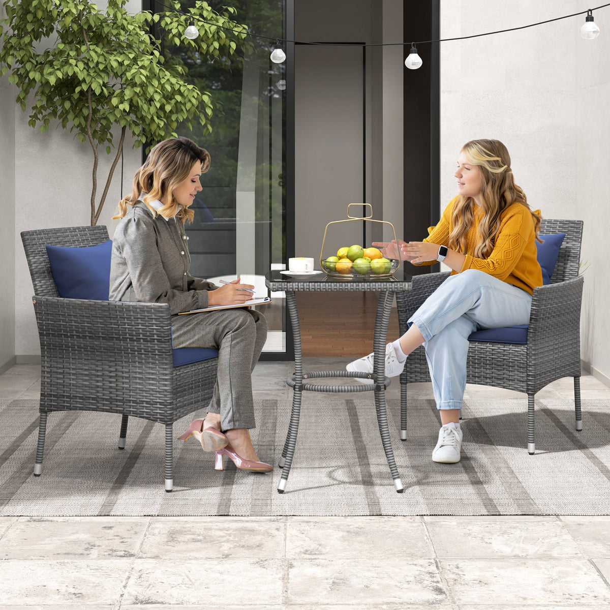 3 Pieces Patio Set with Cushioned Chairs and Glass Coffee Table