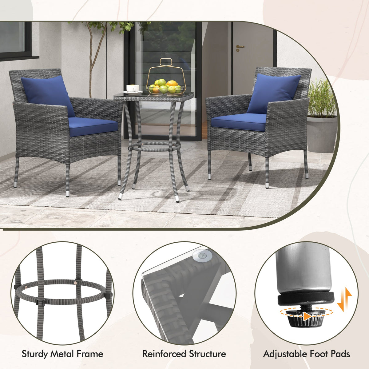 3 Pieces Patio Set with Cushioned Chairs and Glass Coffee Table
