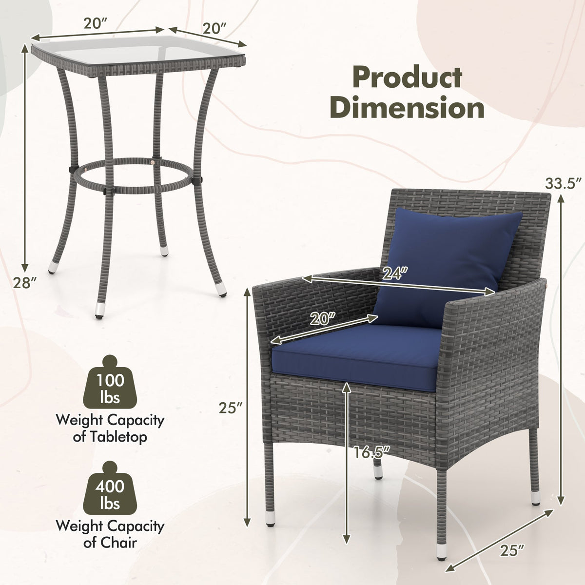 3 Pieces Patio Set with Cushioned Chairs and Glass Coffee Table