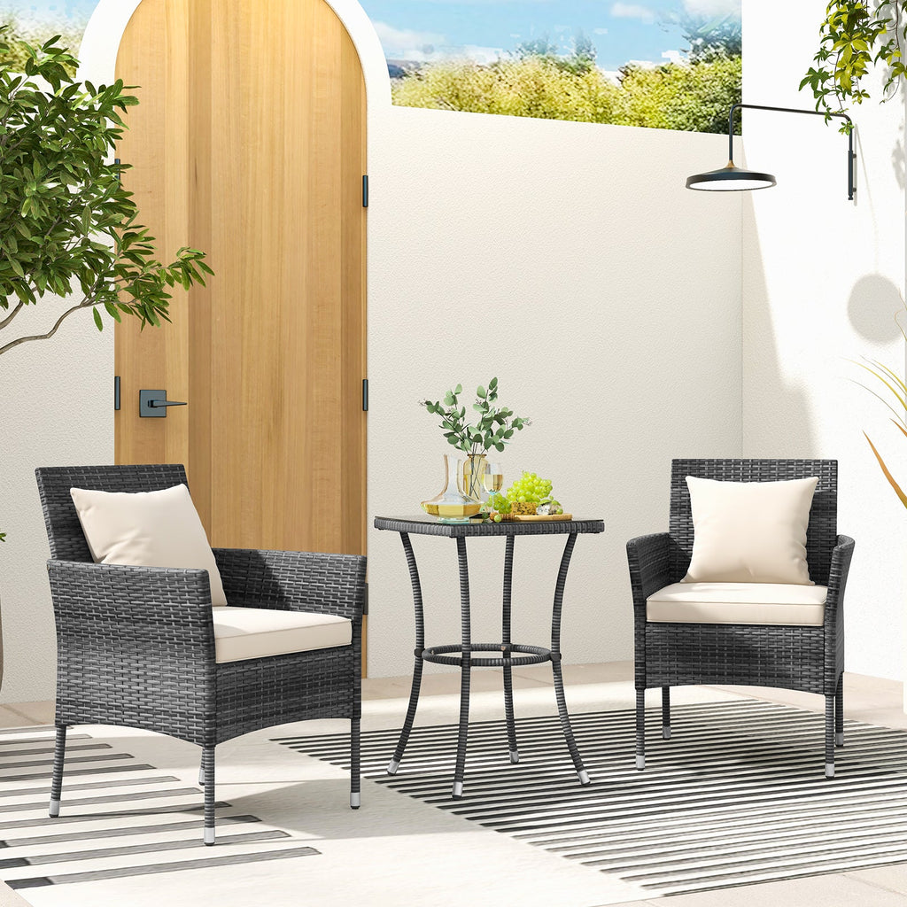 3 Pieces Patio Set with Cushioned Chairs and Glass Coffee Table