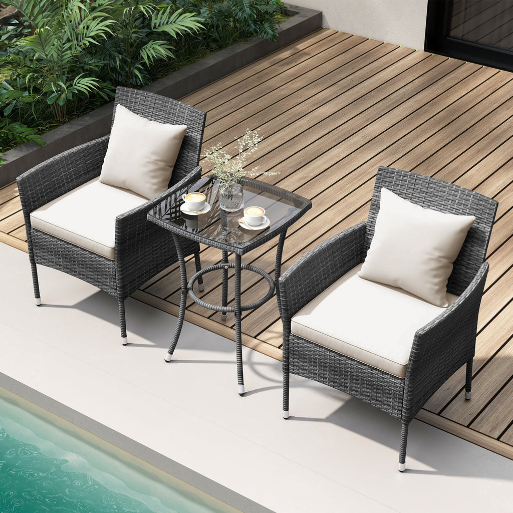 3 Pieces Patio Set with Cushioned Chairs and Glass Coffee Table
