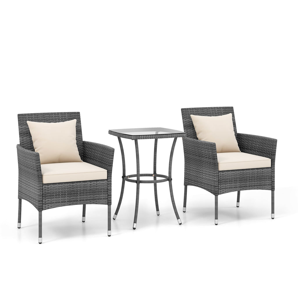 3 Pieces Patio Set with Cushioned Chairs and Glass Coffee Table