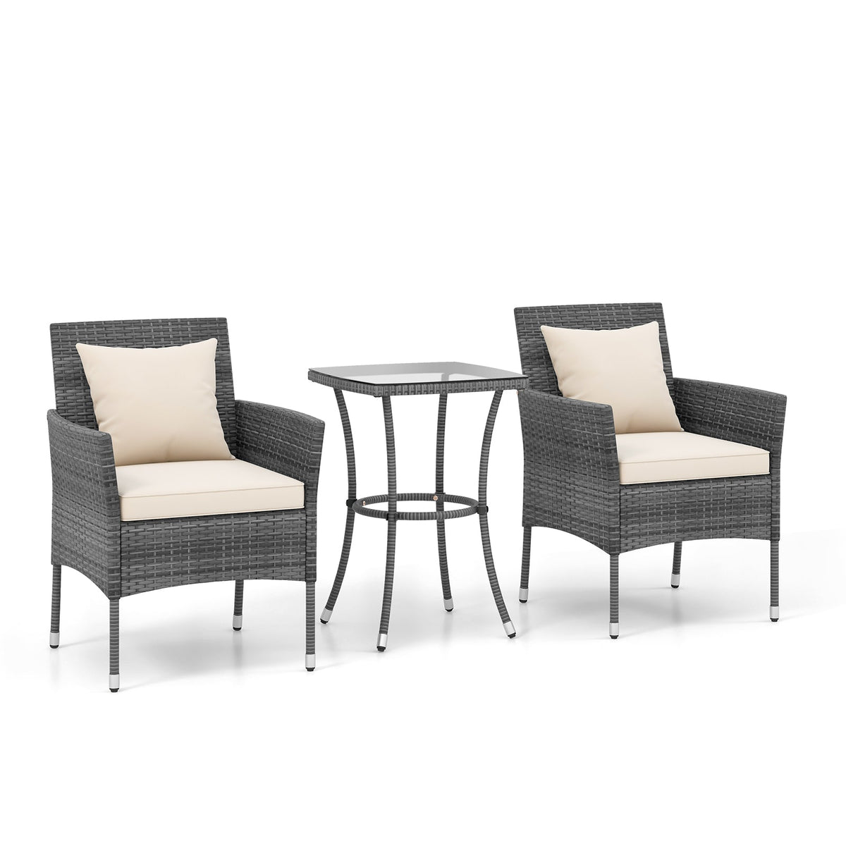 3 Pieces Patio Set with Cushioned Chairs and Glass Coffee Table