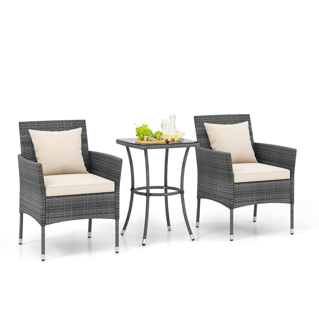 3 Pieces Patio Set with Cushioned Chairs and Glass Coffee Table