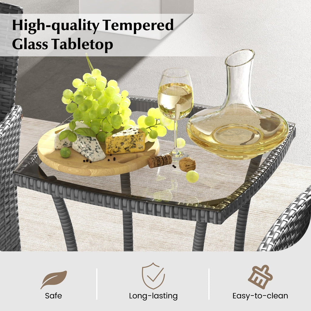 3 Pieces Patio Set with Cushioned Chairs and Glass Coffee Table