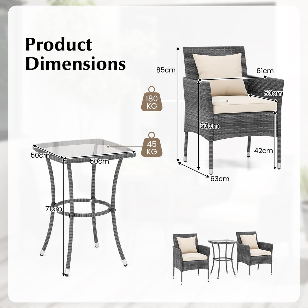 3 Pieces Patio Set with Cushioned Chairs and Glass Coffee Table