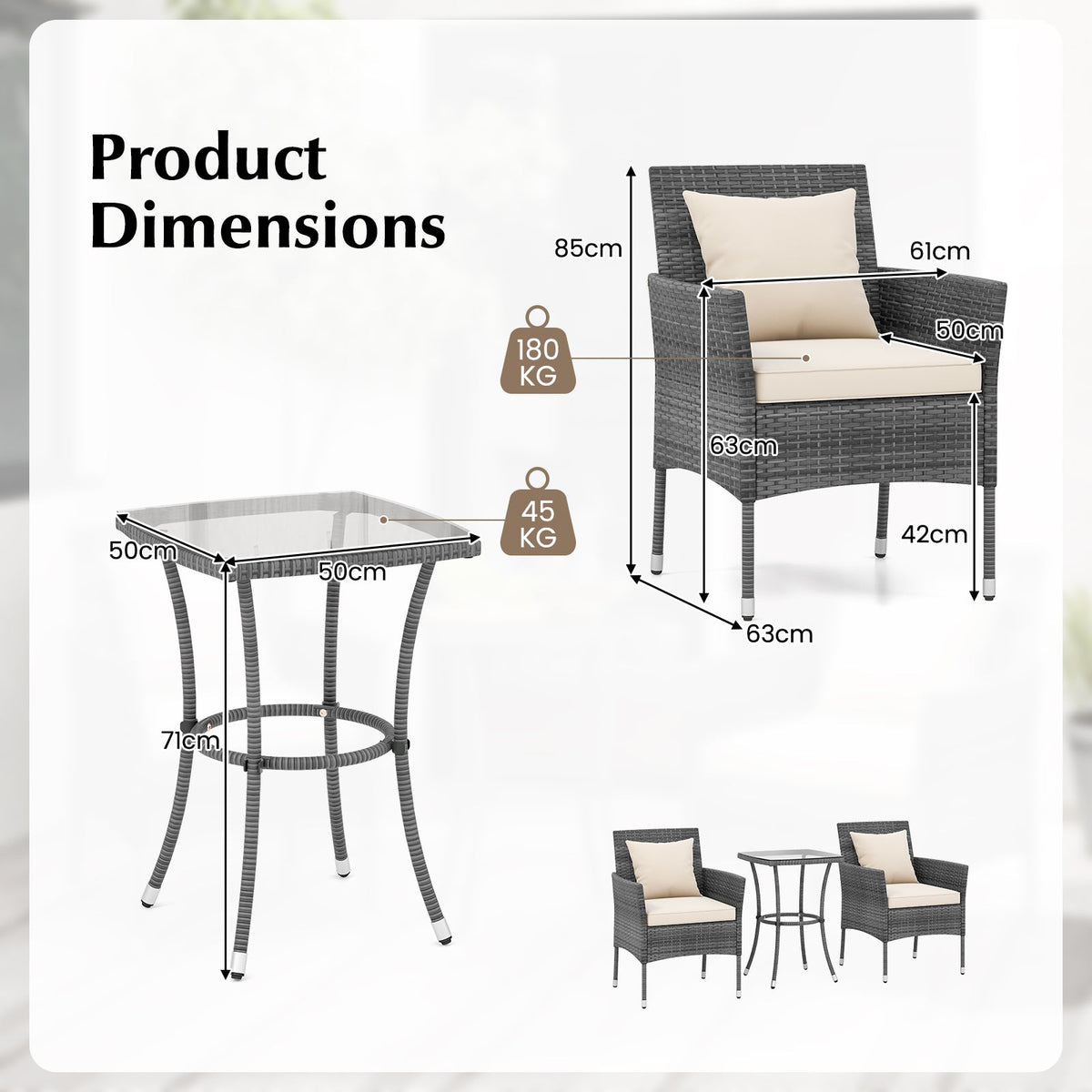 3 Pieces Patio Set with Cushioned Chairs and Glass Coffee Table