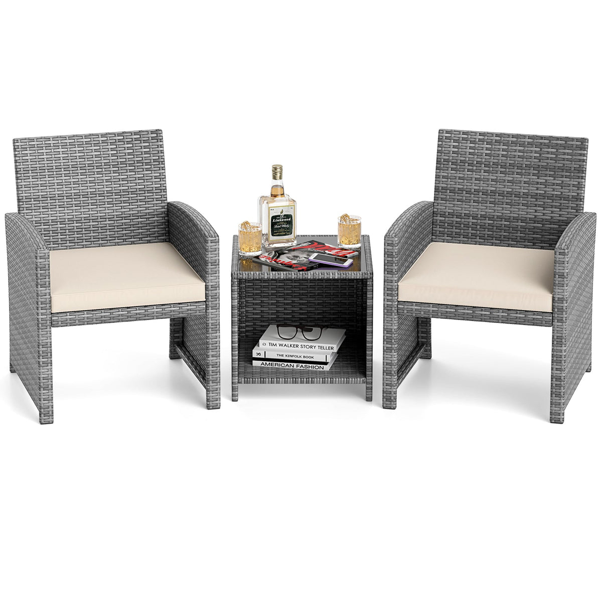 3 Pieces Patio Set, Tempered Glass Coffee Table and Soft Seat Cushions
