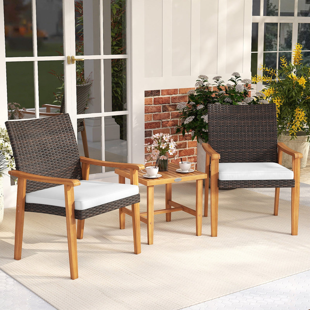 3 Pieces Patio Wicker Set Acacia Wood Outdoor Conversation Bistro