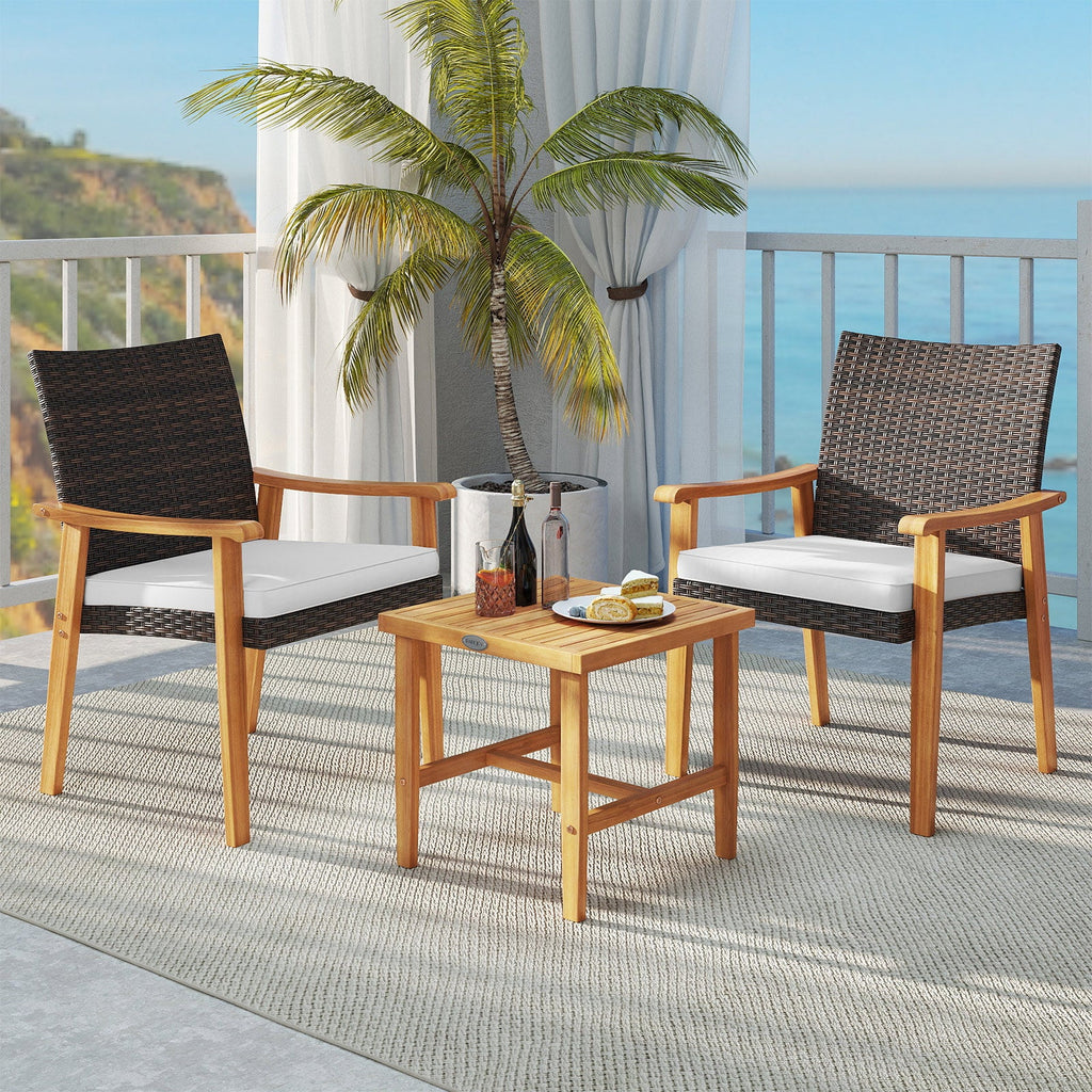 3 Pieces Patio Wicker Set Acacia Wood Outdoor Conversation Bistro