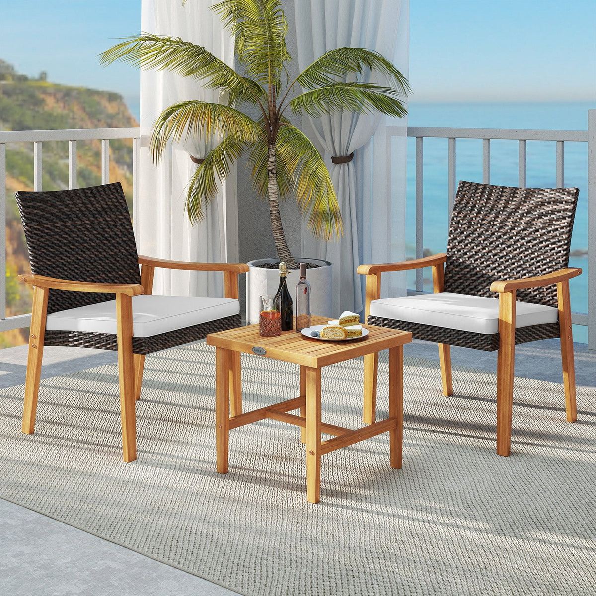 3 Pieces Patio Wicker Set Acacia Wood Outdoor Conversation Bistro