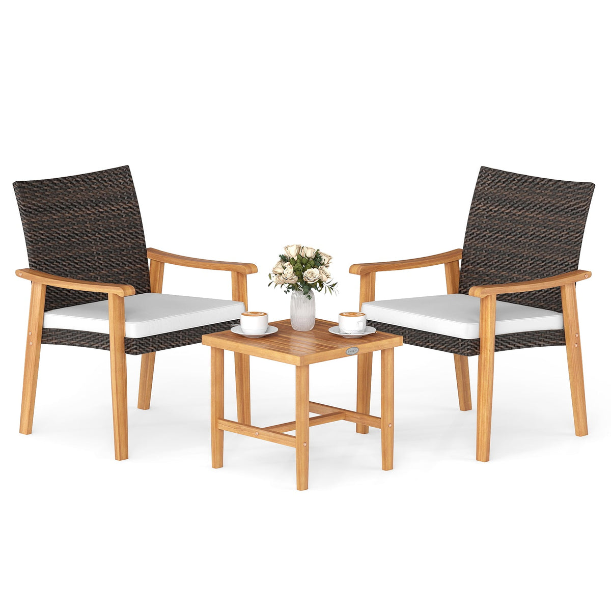 3 Pieces Patio Wicker Set Acacia Wood Outdoor Conversation Bistro