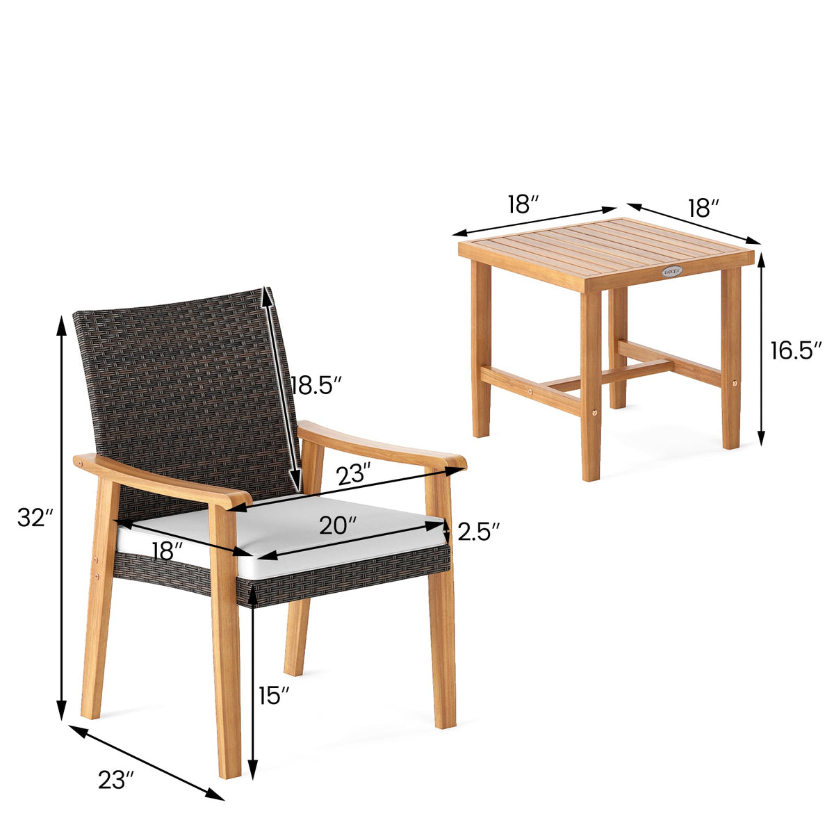 3 Pieces Patio Wicker Set Acacia Wood Outdoor Conversation Bistro