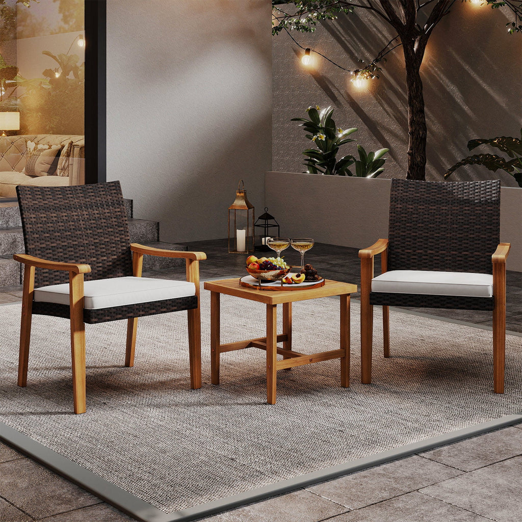 3 Pieces Patio Wicker Set Acacia Wood Outdoor Conversation Bistro
