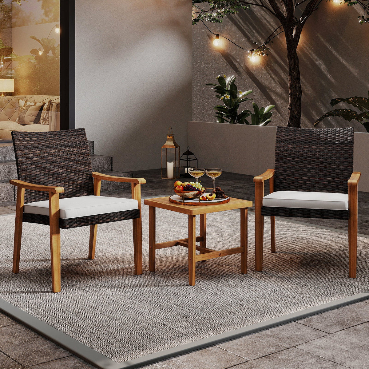 3 Pieces Patio Wicker Set Acacia Wood Outdoor Conversation Bistro