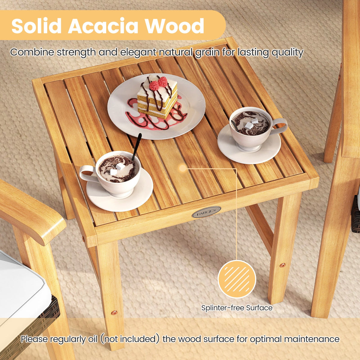 3 Pieces Patio Wicker Set Acacia Wood Outdoor Conversation Bistro