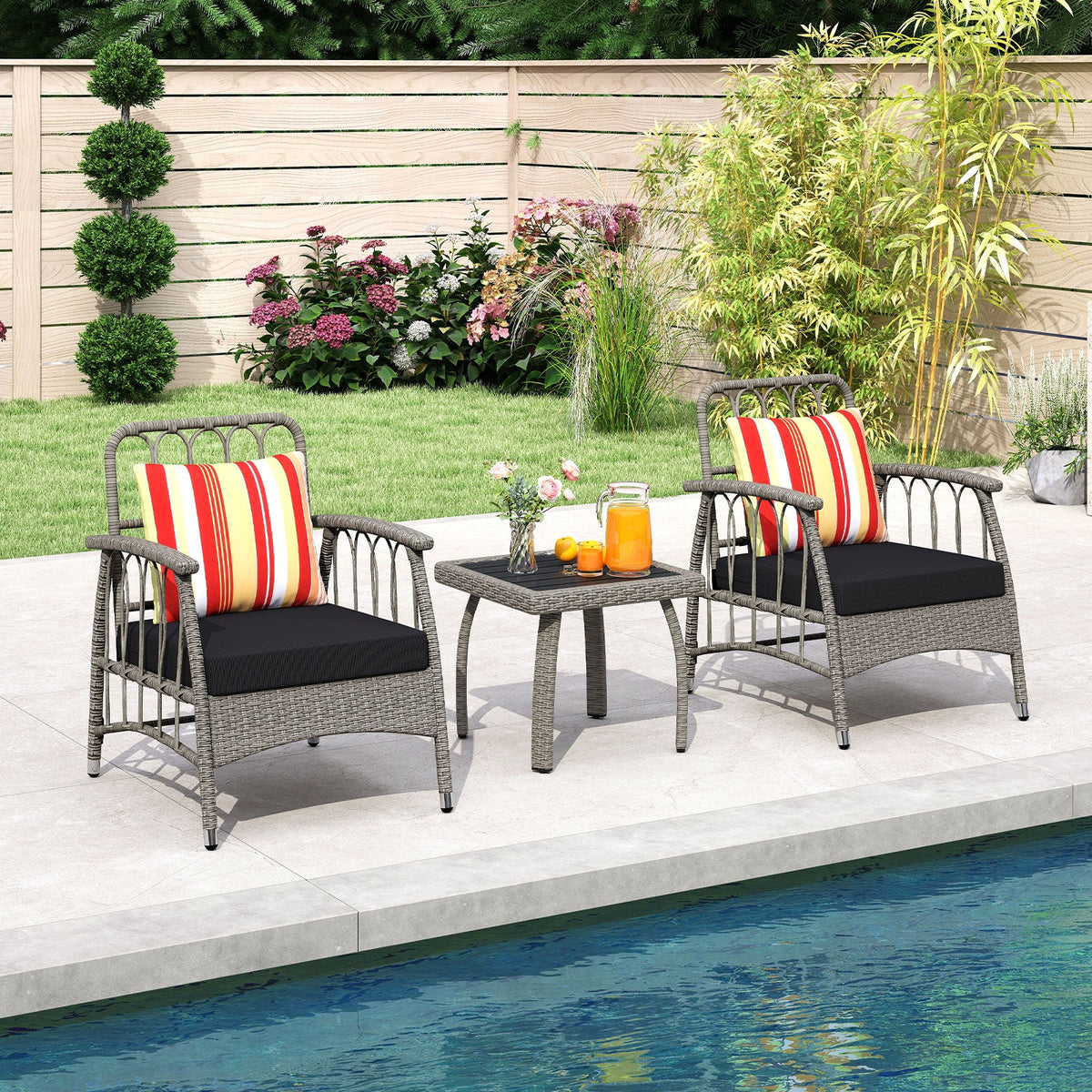3 Pieces Patio Wicker Furniture Set with 5-Level Adjustable Backrest-Gray