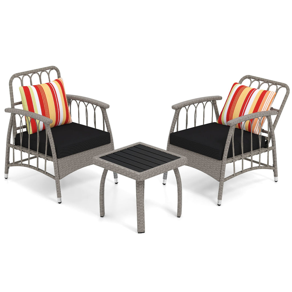 3 Pieces Patio Wicker Furniture Set with 5-Level Adjustable Backrest-Gray
