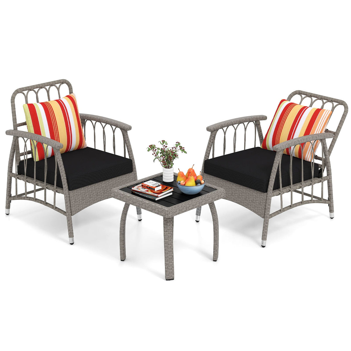 3 Pieces Patio Wicker Furniture Set with 5-Level Adjustable Backrest-Gray