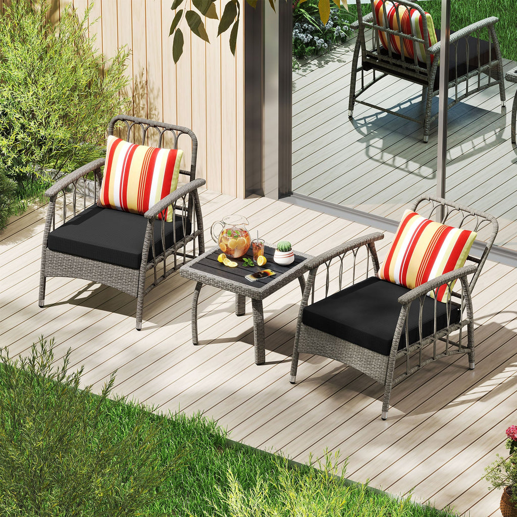 3 Pieces Patio Wicker Furniture Set with 5-Level Adjustable Backrest-Gray