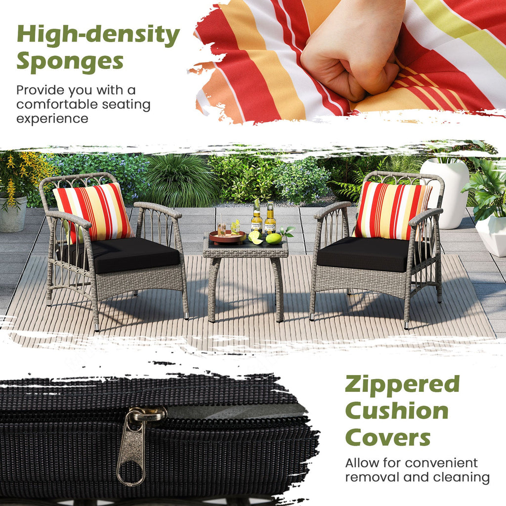 3 Pieces Patio Wicker Furniture Set with 5-Level Adjustable Backrest-Gray