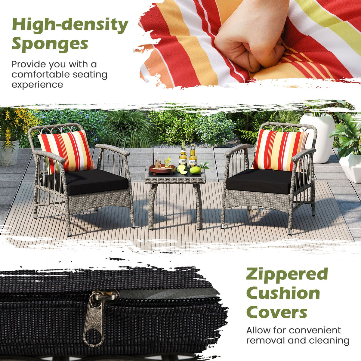3 Pieces Patio Wicker Furniture Set with 5-Level Adjustable Backrest-Gray