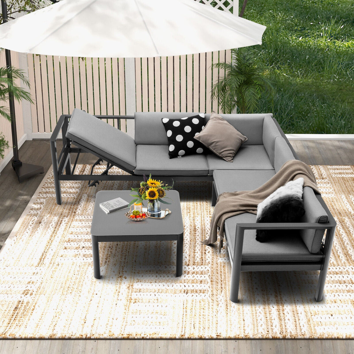 3 Pieces Aluminum Patio Set with 6-Level Adjustable Backrest-Gray