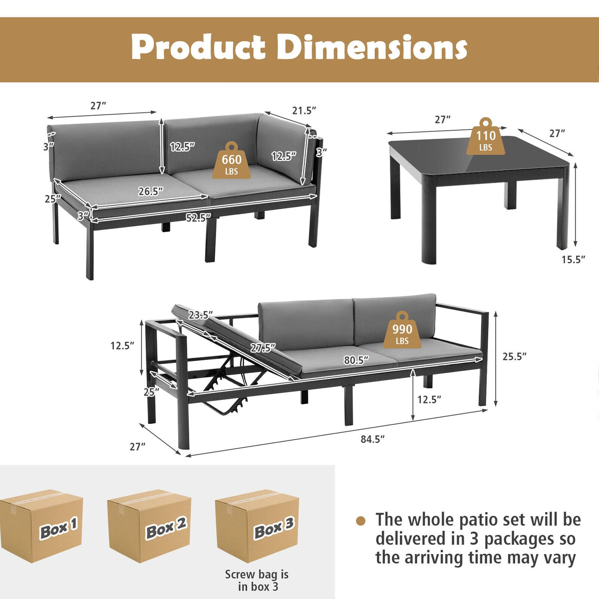 3 Pieces Aluminum Patio Set with 6-Level Adjustable Backrest-Gray