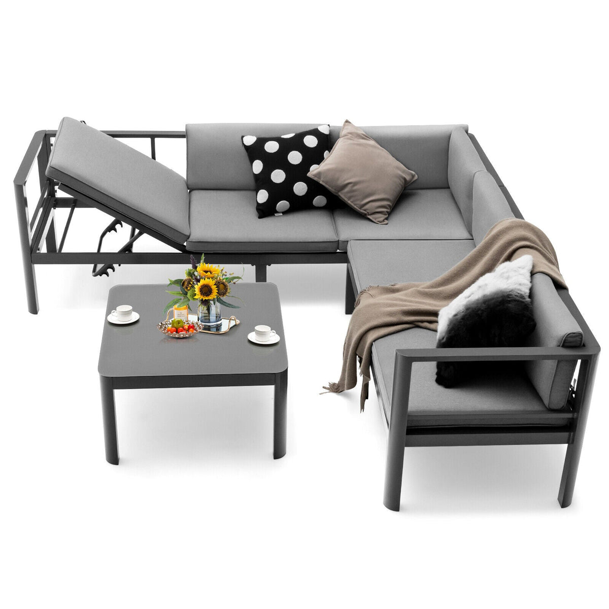 3 Pieces Aluminum Patio Set with 6-Level Adjustable Backrest-Gray
