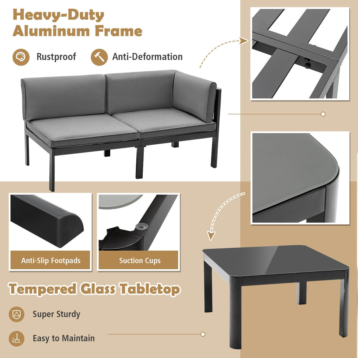 3 Pieces Aluminum Patio Set with 6-Level Adjustable Backrest-Gray