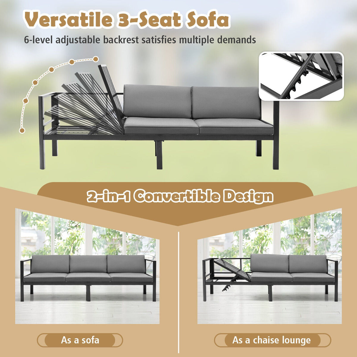 3 Pieces Aluminum Patio Set with 6-Level Adjustable Backrest-Gray