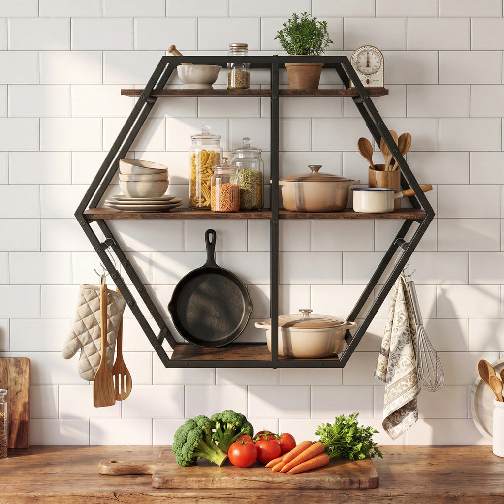 3-Tier Geometric Bookcase with S-Shaped Hooks for Living Room