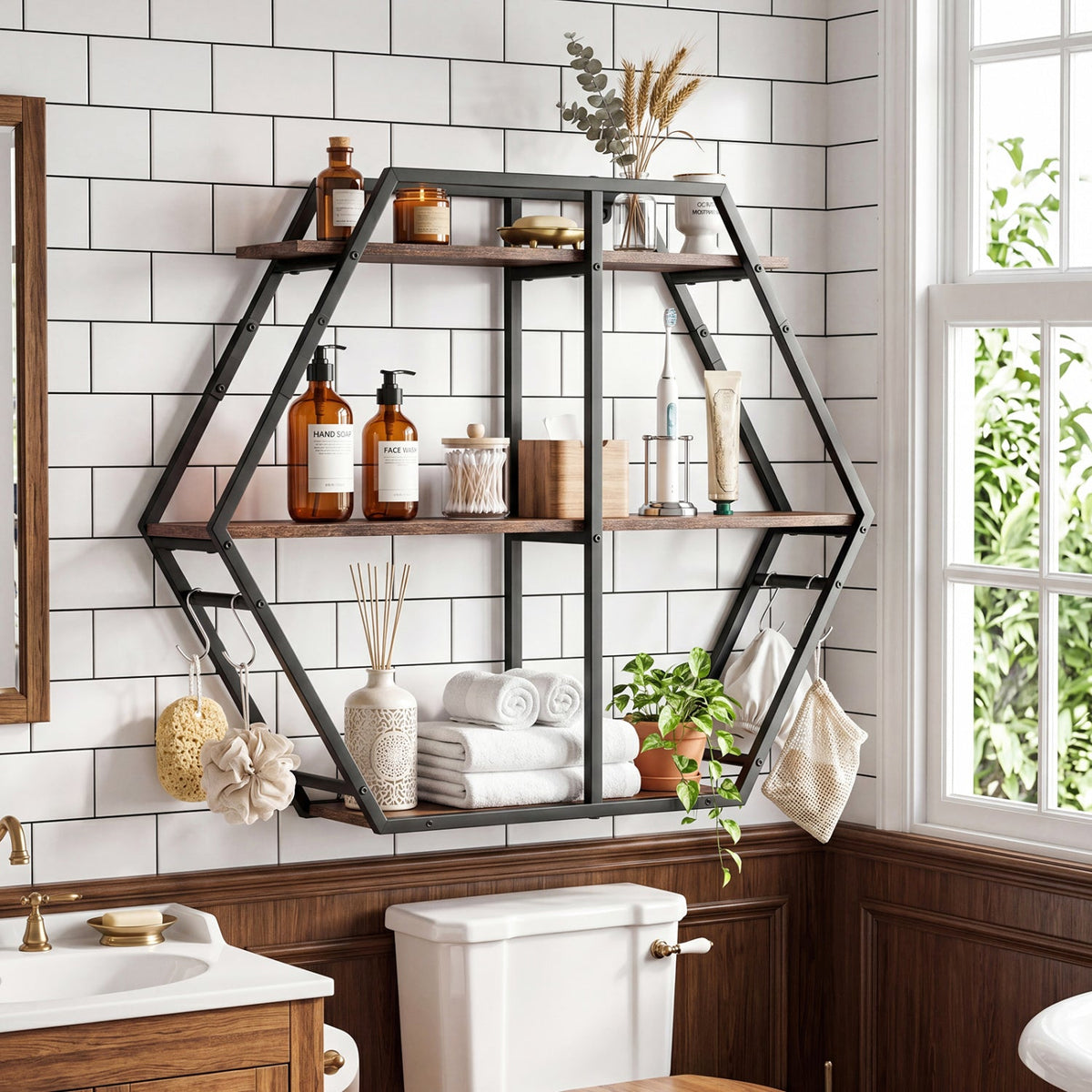 3-Tier Geometric Bookcase with S-Shaped Hooks for Living Room