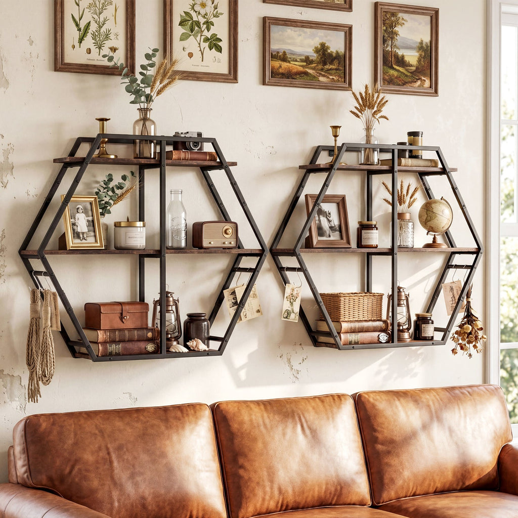 3-Tier Geometric Bookcase with S-Shaped Hooks for Living Room