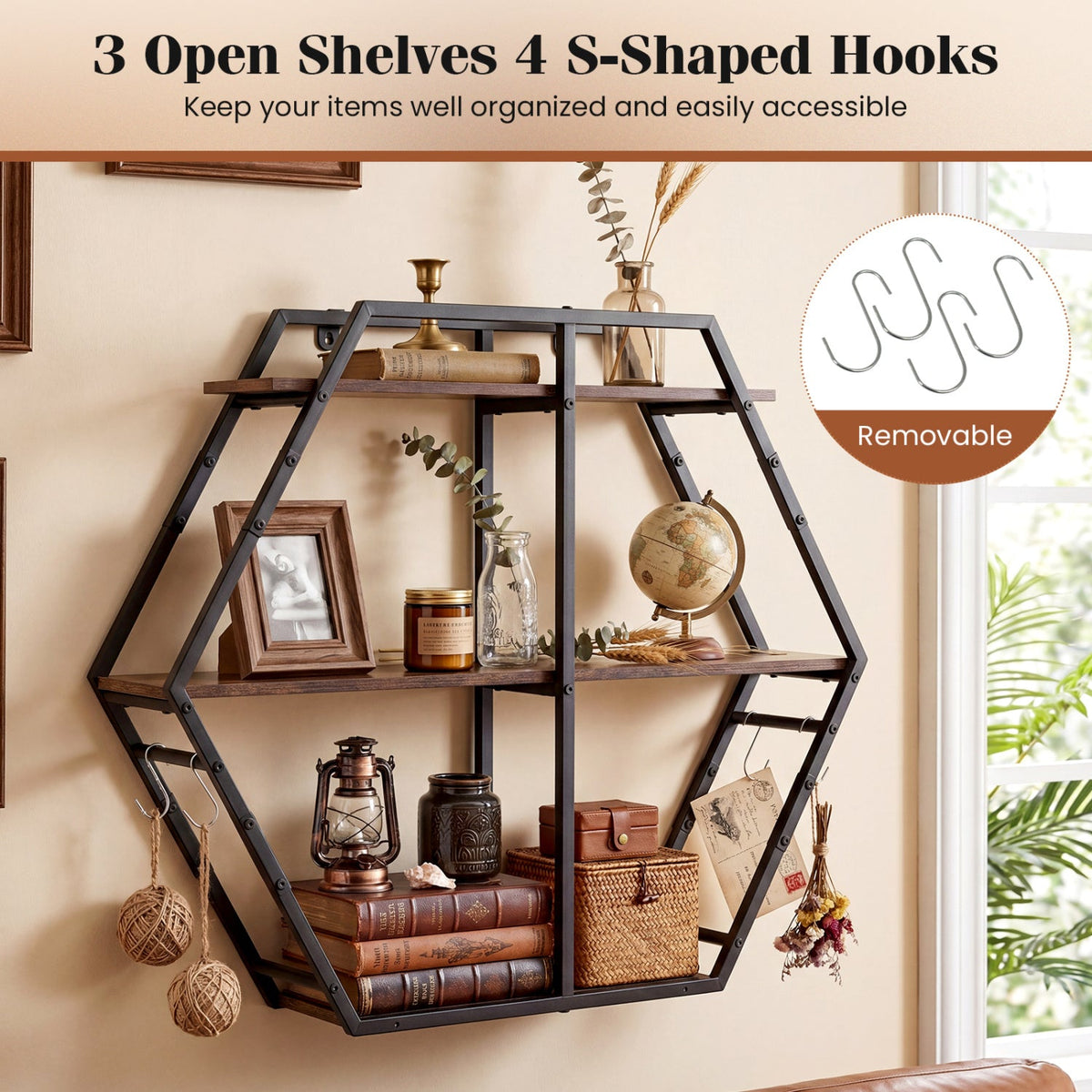 3-Tier Geometric Bookcase with S-Shaped Hooks for Living Room