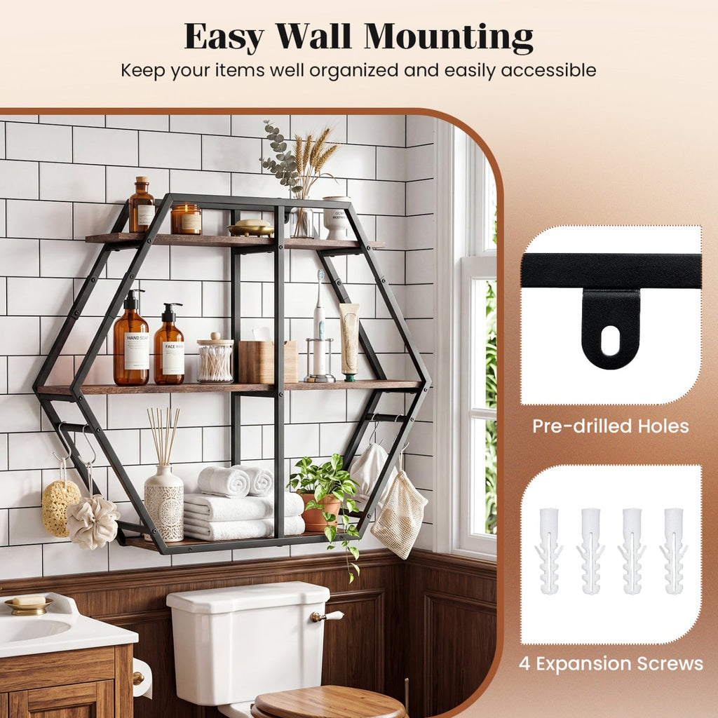 3-Tier Geometric Bookcase with S-Shaped Hooks for Living Room