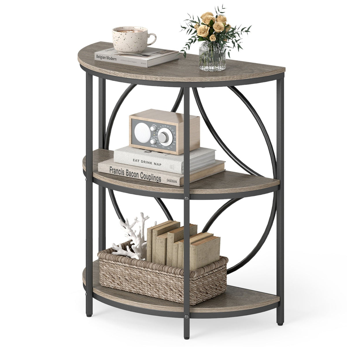 3-Tier Half Round End Table with Study Metal Frame