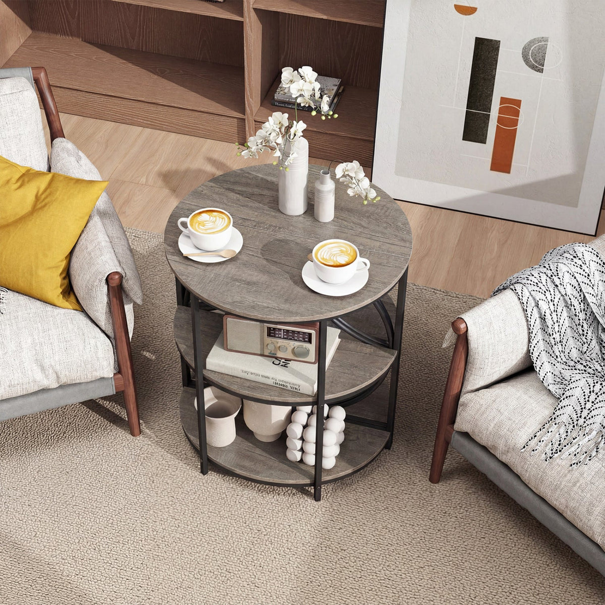 3-Tier Half Round End Table with Study Metal Frame
