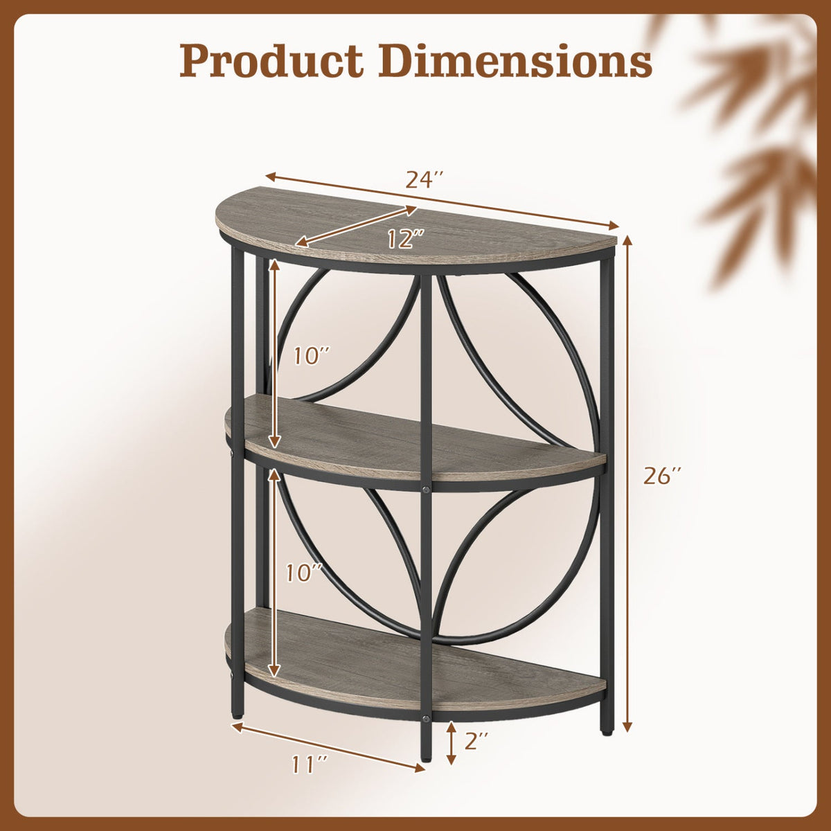 3-Tier Half Round End Table with Study Metal Frame