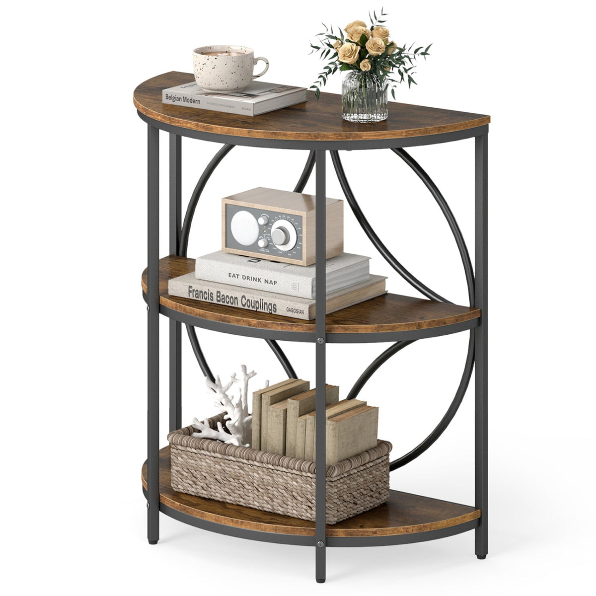 3-Tier Half Round End Table with Study Metal Frame
