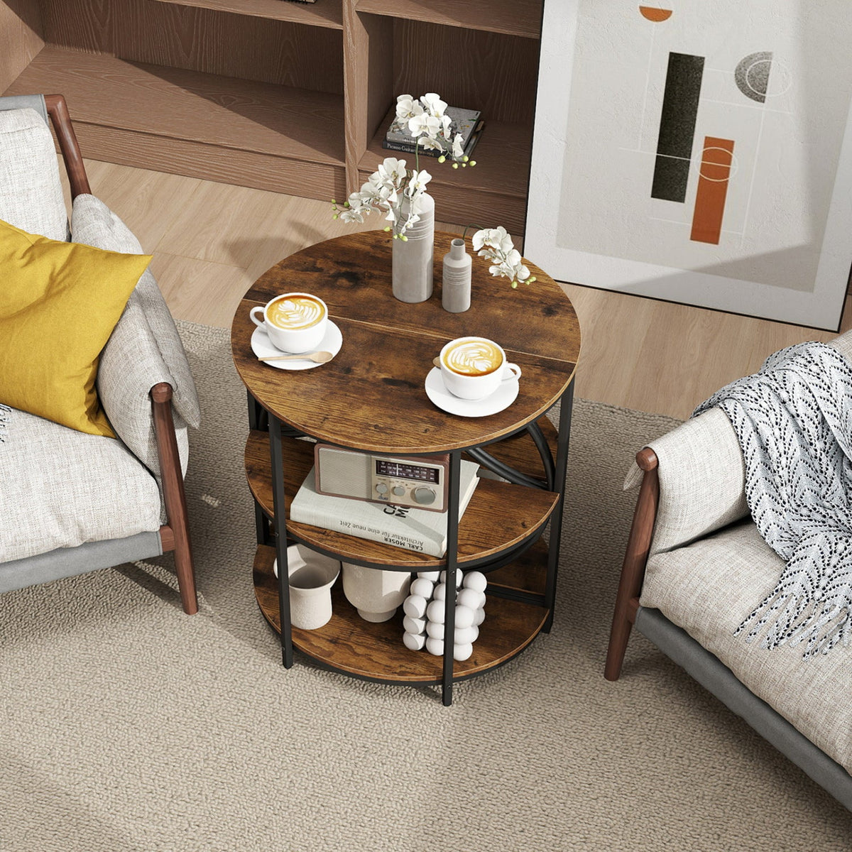3-Tier Half Round End Table with Study Metal Frame