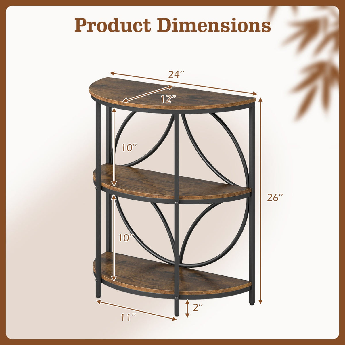 3-Tier Half Round End Table with Study Metal Frame
