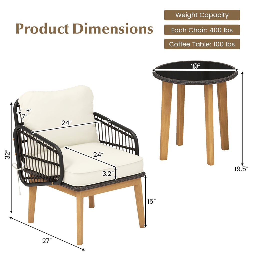 3 Pieces Patio Set with Cushioned Chairs and Tempered Glass Side Table