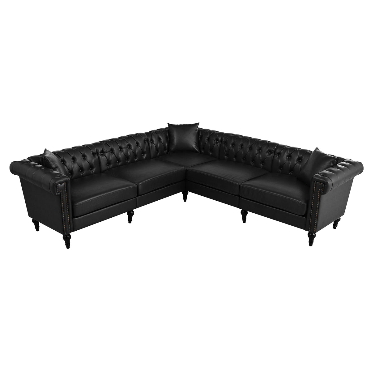 L Shaped Reversible Modern Chesterfield Sofa with Rolled Arms and Nailheads