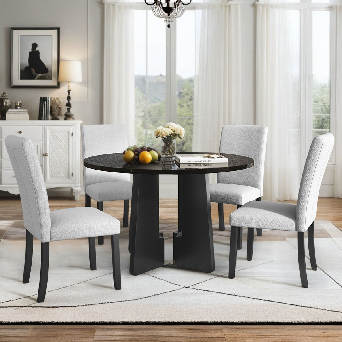 5 Piece Round Dining Table Set, Dining Table And 4 Upholstered Chairs