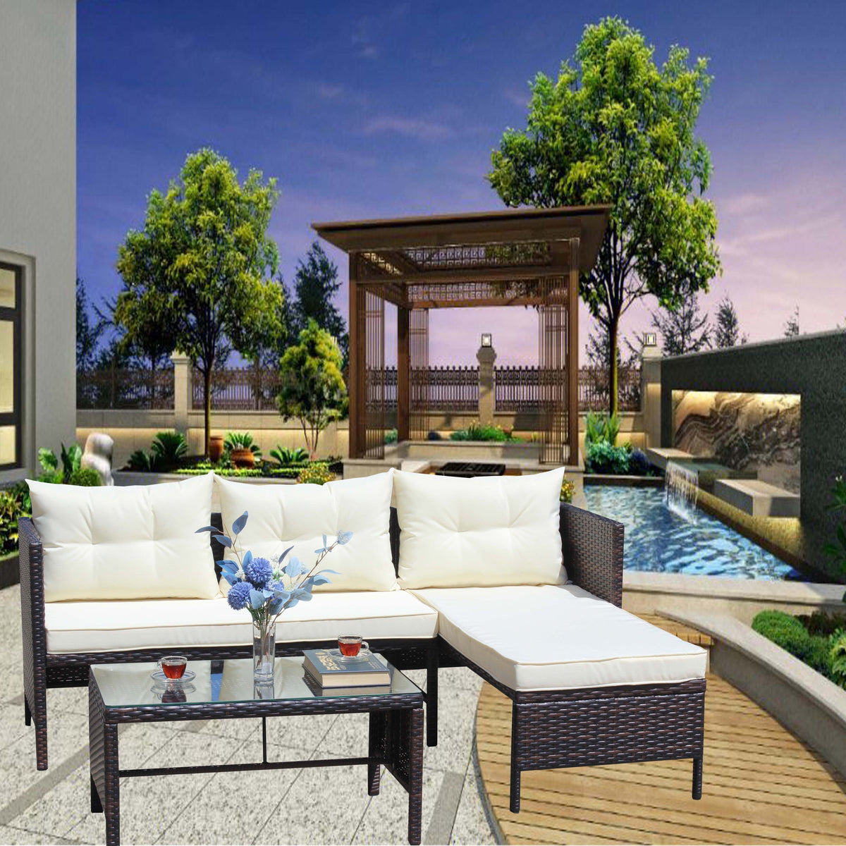 Patio 3-Piece Conversation Set with Wicker Rattan Sectional Sofa