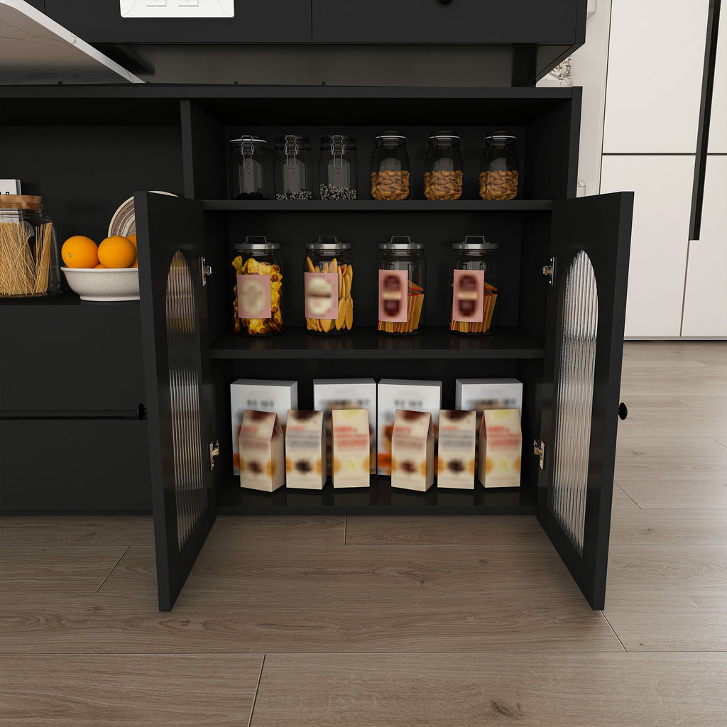 Kitchen Island, Extendable Rotating Table, 4 Drawers & Glass Doors